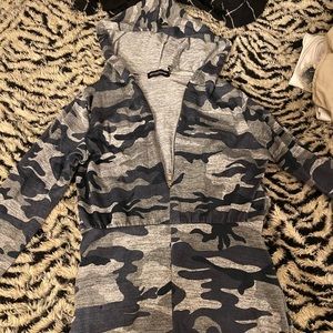 Prettylittlething camo zip hooded jumpsuit